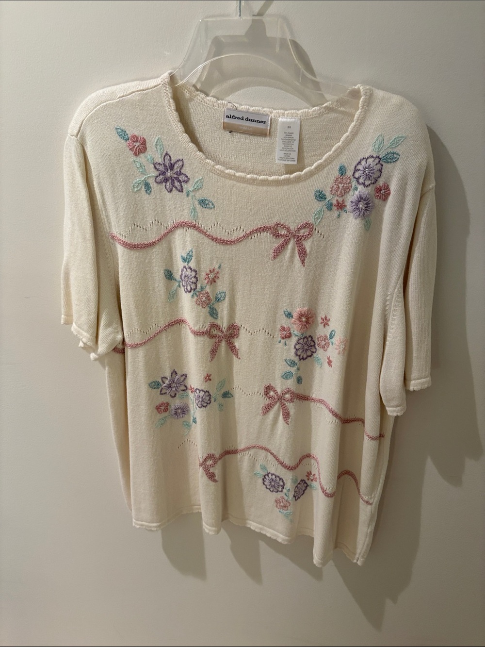 Alfred Dunner Cream Short-Sleeve Knit Top with Pastel Floral Embroidery
